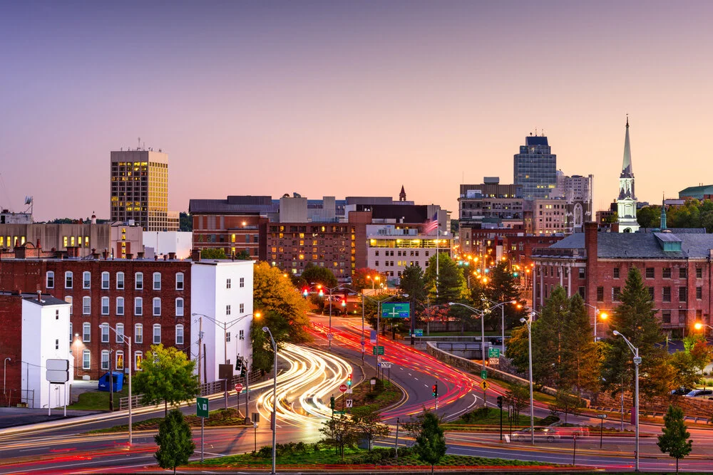 Downtown Norwood, Massachusetts at twilight